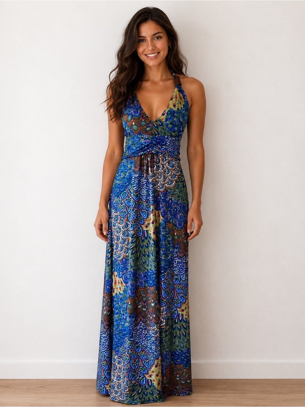 Cristina Love Halter Maxi Dress Boho Resort Wear Peacock Print Blue Green - XL